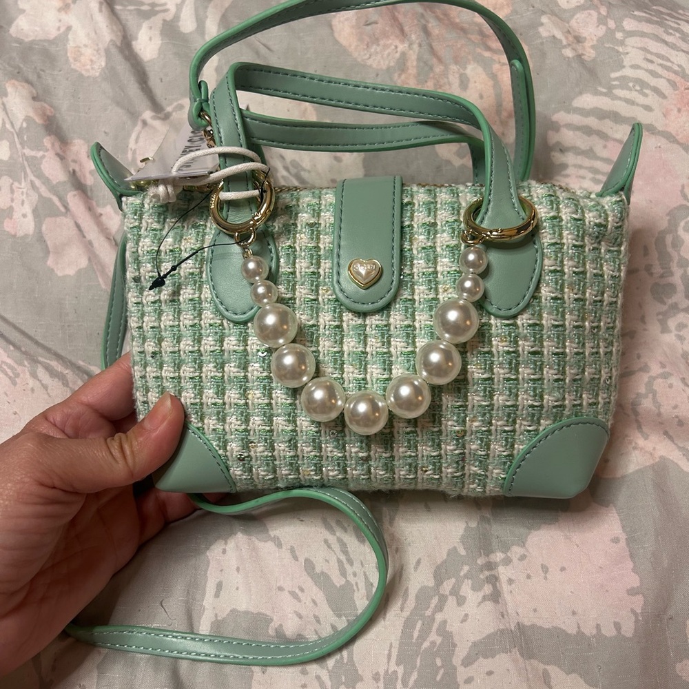Stoney Clover Lane Mint Green Tweed Handbag with Pearl Bag Chain Accent